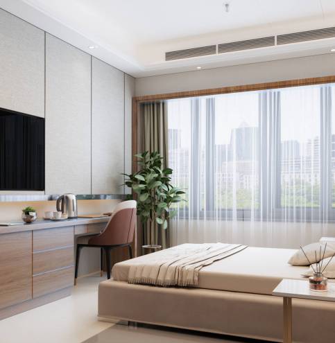 Modern Hotel Room With Double Bed, Night Tables, Tv Set And Cityscape From The Window