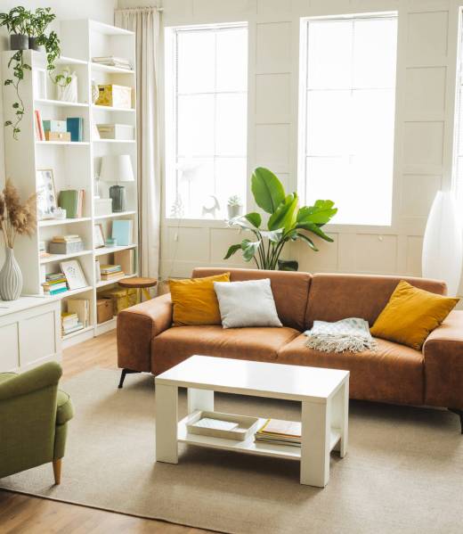 Sofa and armchair in living room. Interior of simple home. Furniture is arranged in sitting area.