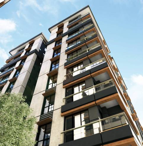 3D render of 3 buildings exterior, there 11 floors and 124 apartments.