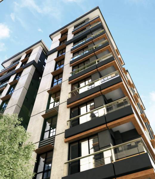 3D render of 3 buildings exterior, there 11 floors and 124 apartments.